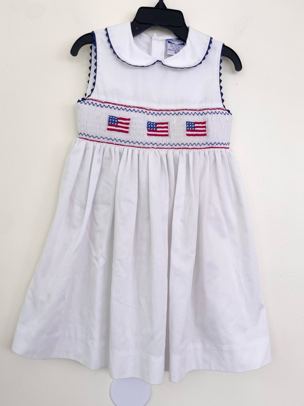 Carriage Boutique American Flag Smocked Detail w RicRac Trim Dress in White 4T